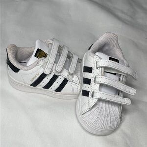 adidas White and Black Kids Superstar Sneakers with Velcro Straps